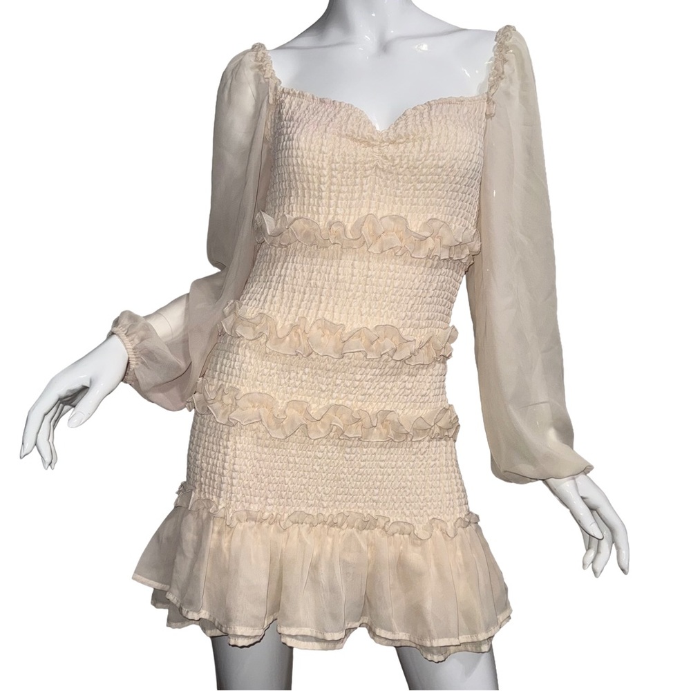 Ethereal Cream Ruffle Tiered Long Sleeve Y2K Mini Dress Fairy Cottage Boho